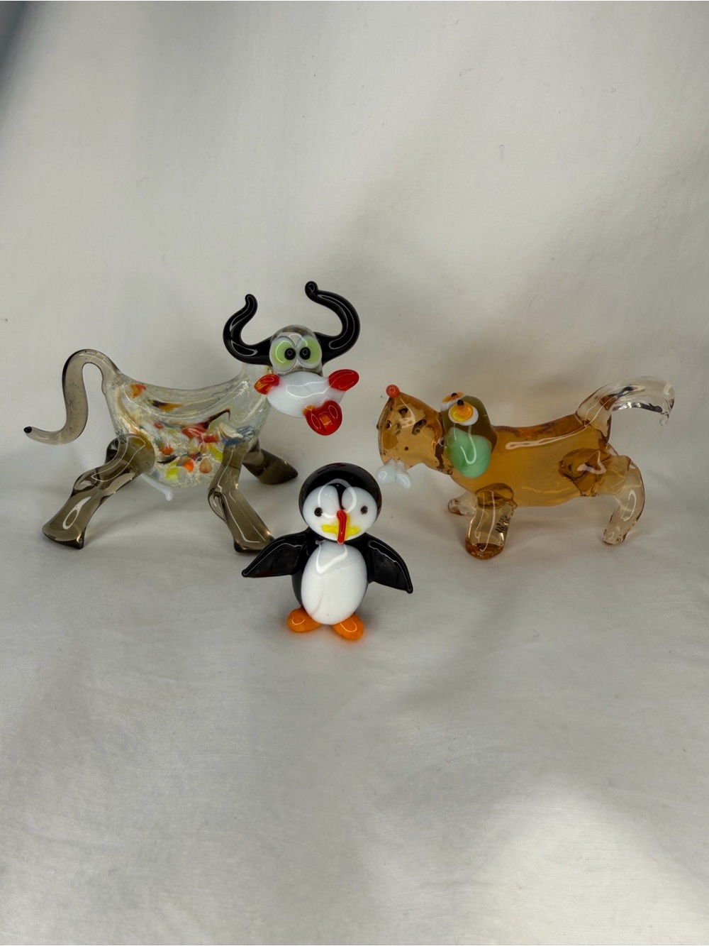 Handblown Glass Murano Style Animal Figurines Penguin, Cow, Dog,